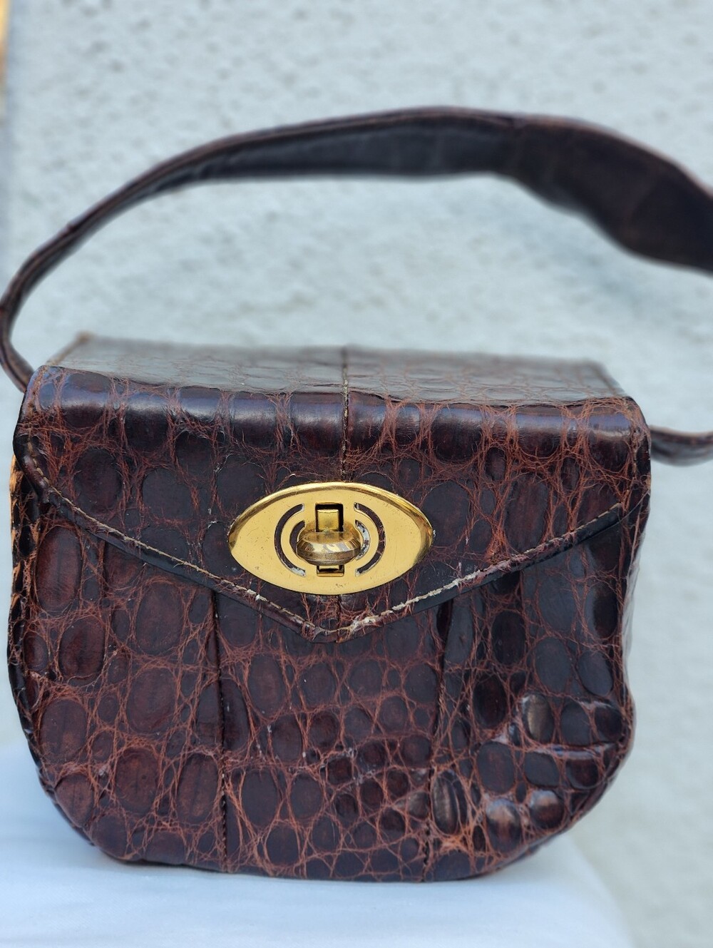 Vintage Brown Embossed Leather Structured/Box Handbag with Gold-tone Turnlock